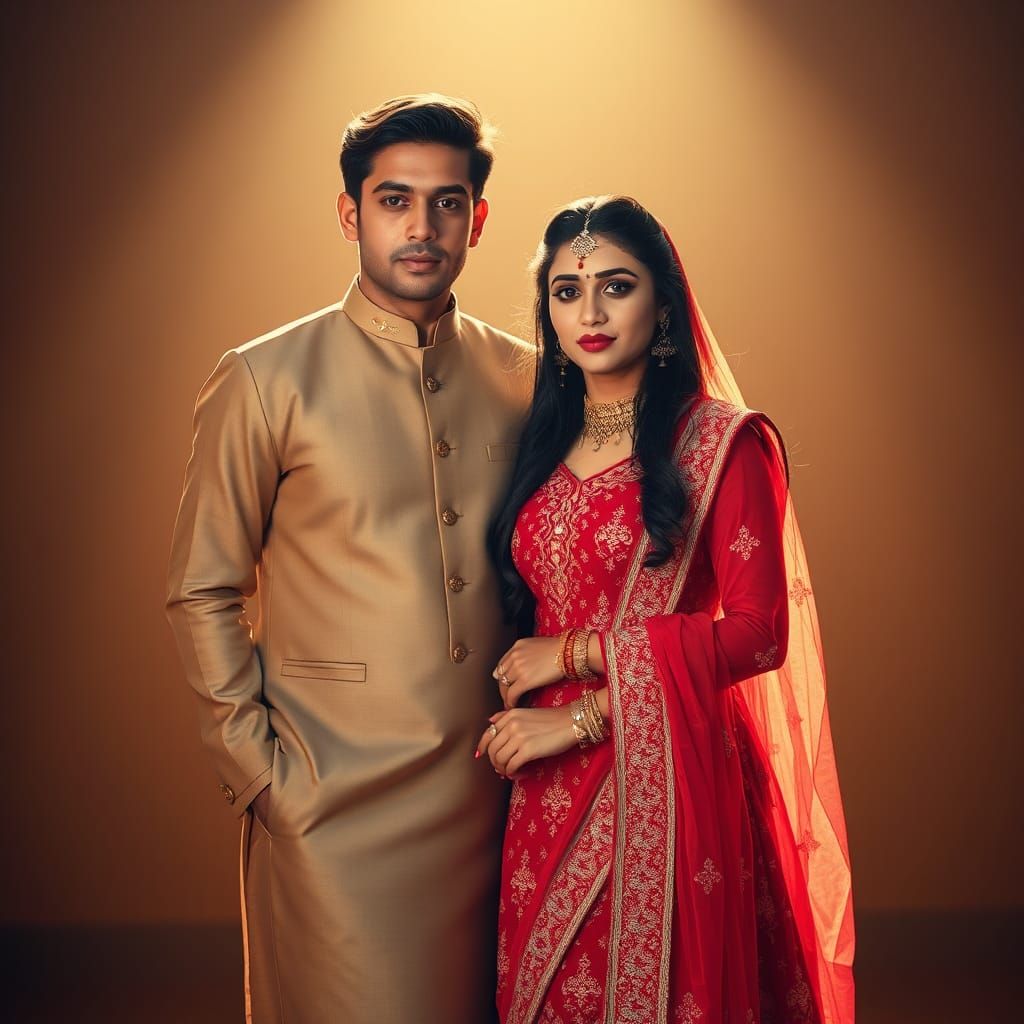 Pakistani Couple in Traditional Attire Embracing Golden Mome...