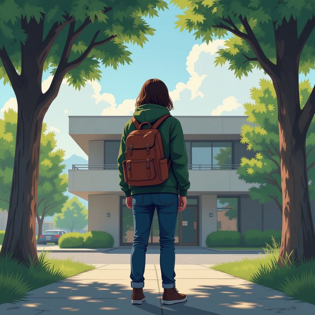 Person and Building in Realistic, Cinematic Style