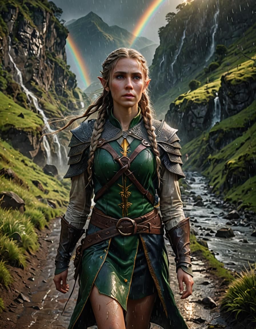 Elf Hero in Rain-Swept Mountain Scene