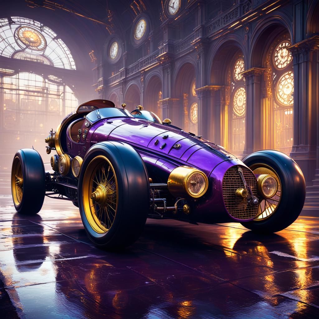 Steampunk Racing Car in Retro-Futuristic Style