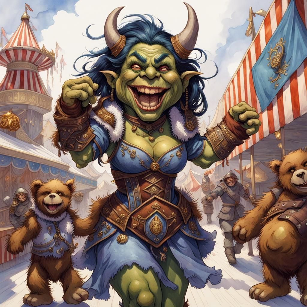 Joyful Orc Warrior Wins Teddy Bear, Watercolor Art