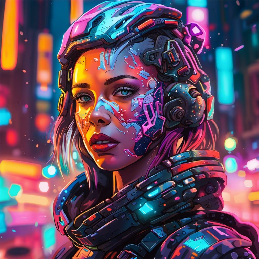 Cyborg Princess in Neon Cityscape