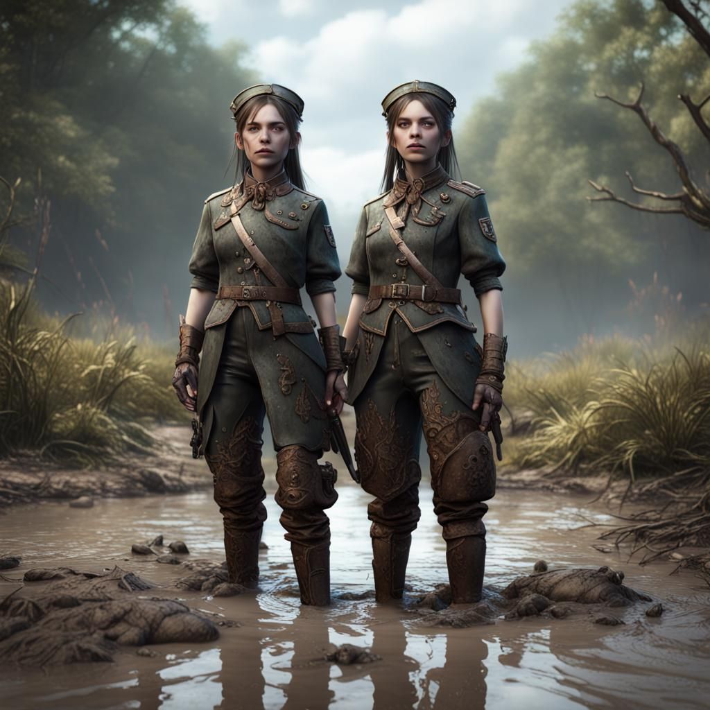 Twin Girls in Mud, Detailed Matte Painting