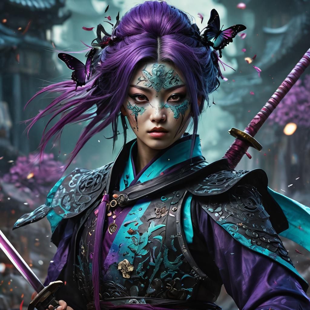 Wuxia Warrior with Katana in Surreal Cityscape