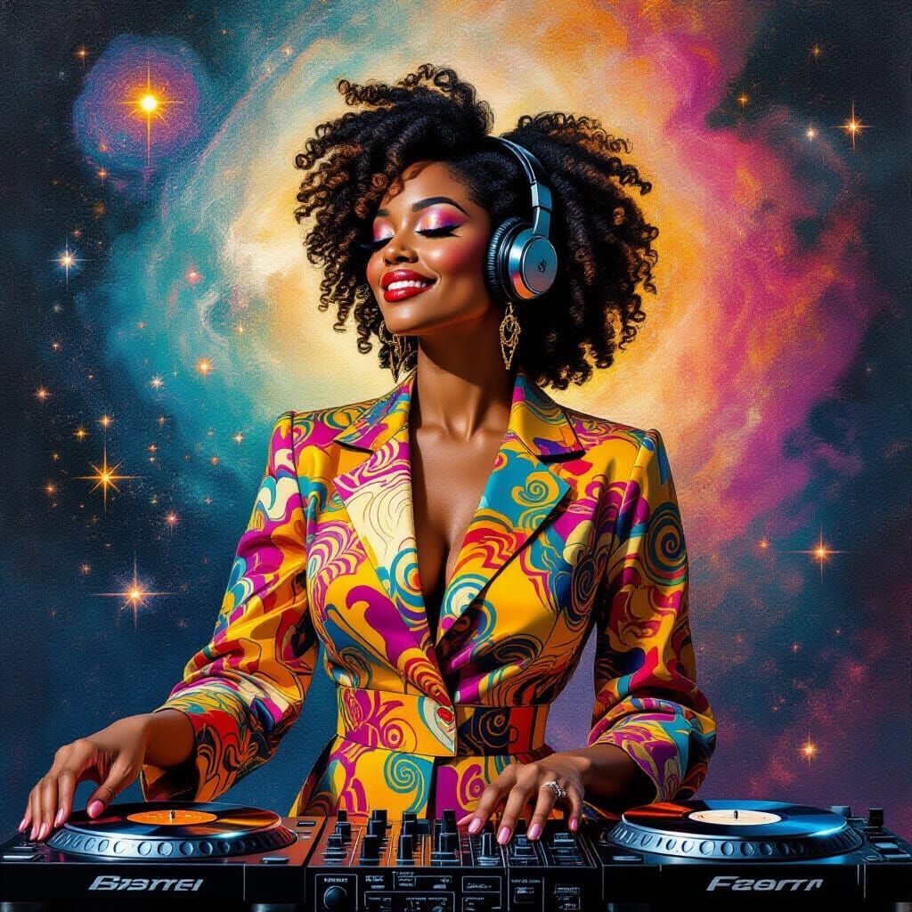 Afrofuturist Vinyl DJ in Cosmic Orthodox Icon Style