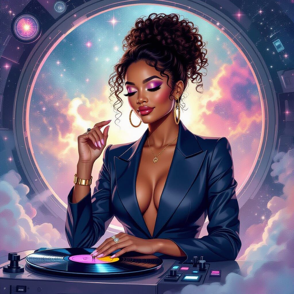 Afrofuturist Woman with Vinyl Record in Cosmic Setting