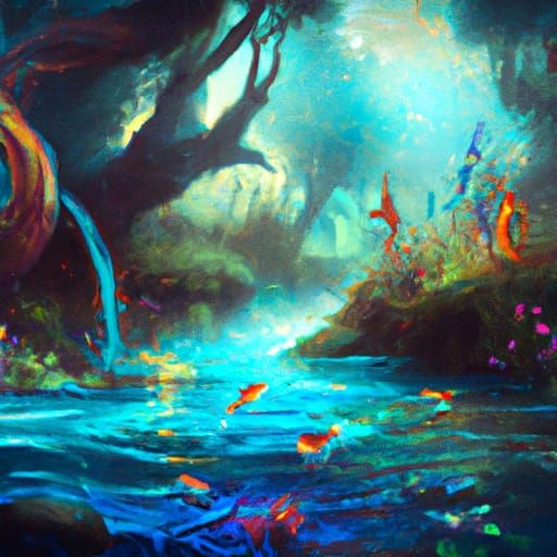 Enchanted Forest with Streams of Fish: Digital Painting