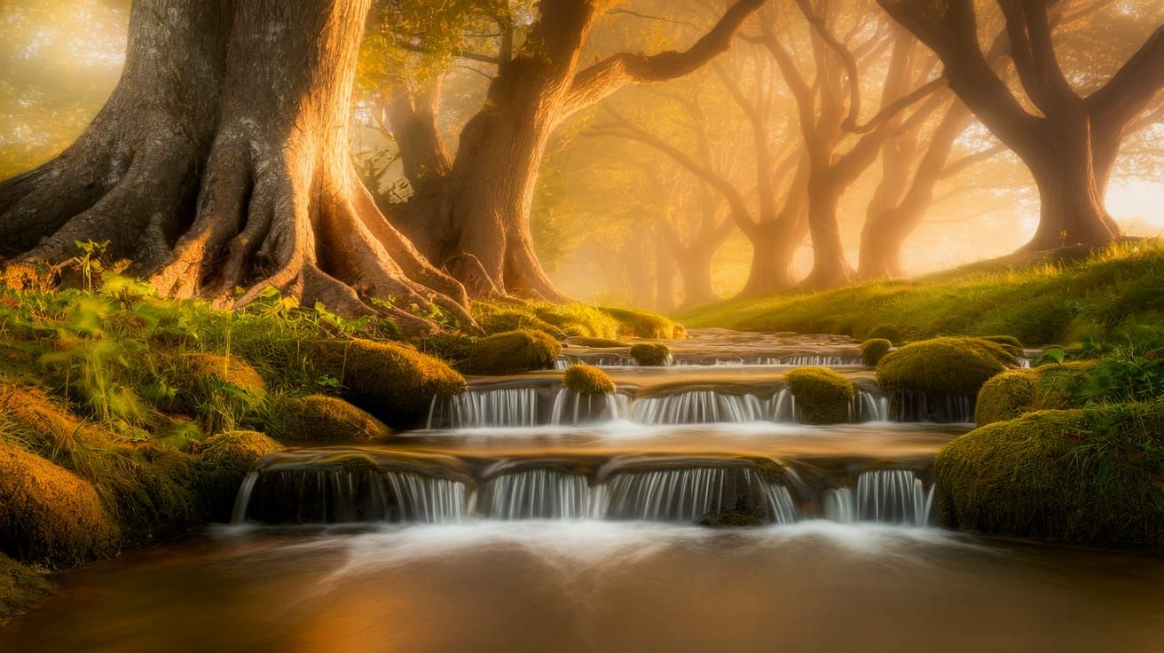 Misty Oak Forest Stream with Waterfalls, Golden Light