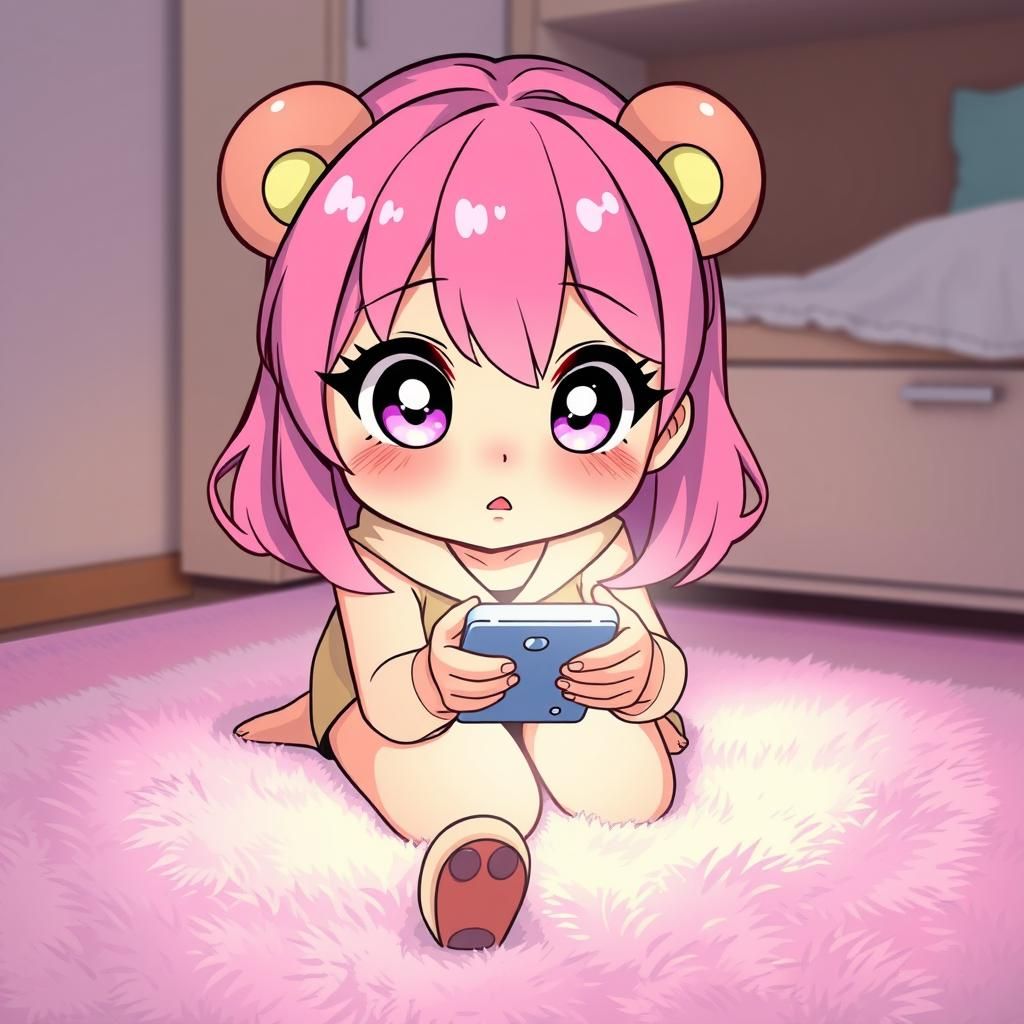 cartoon chibi style woman kneeling and staring intently on m...