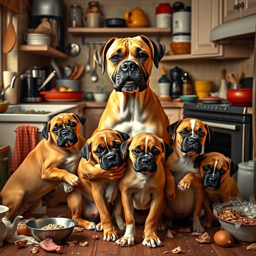 Boxer Mom and Puppies in Kitchen Chaos