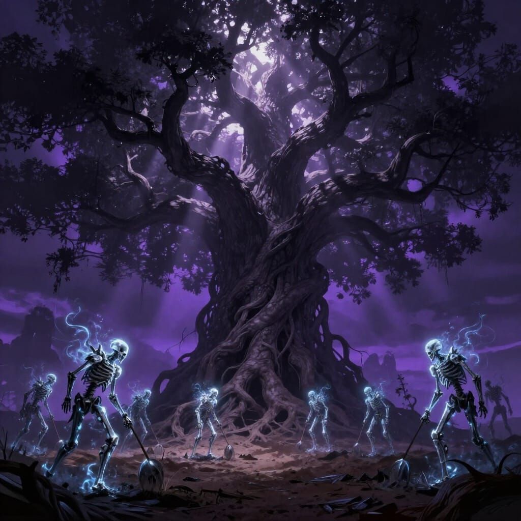 Colossal Tree of Life Casting Shadow in Dark Fantasy