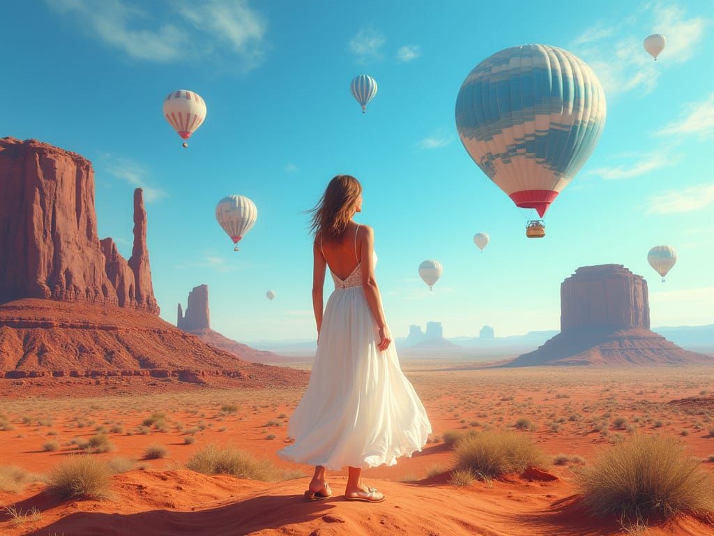Dreamy Desert Landscape with Hot Air Balloons and Monument V...