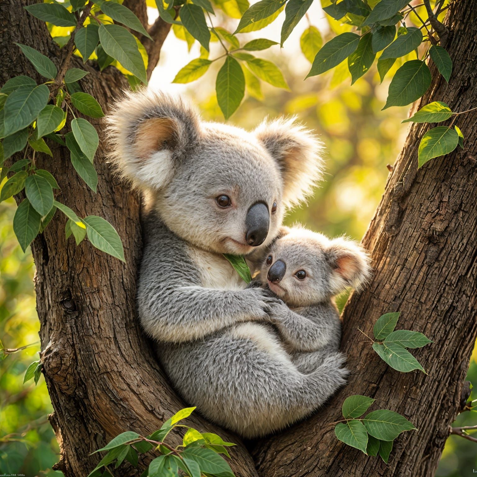 Cuddly Koala Mother and Baby Enjoy Leaves in a Sunny Tree