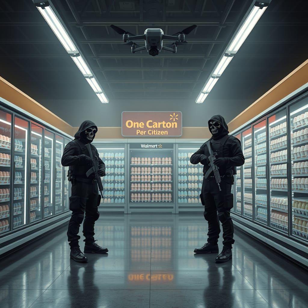 Dystopian Walmart Egg Aisle Patrol in Neo-Noir Style