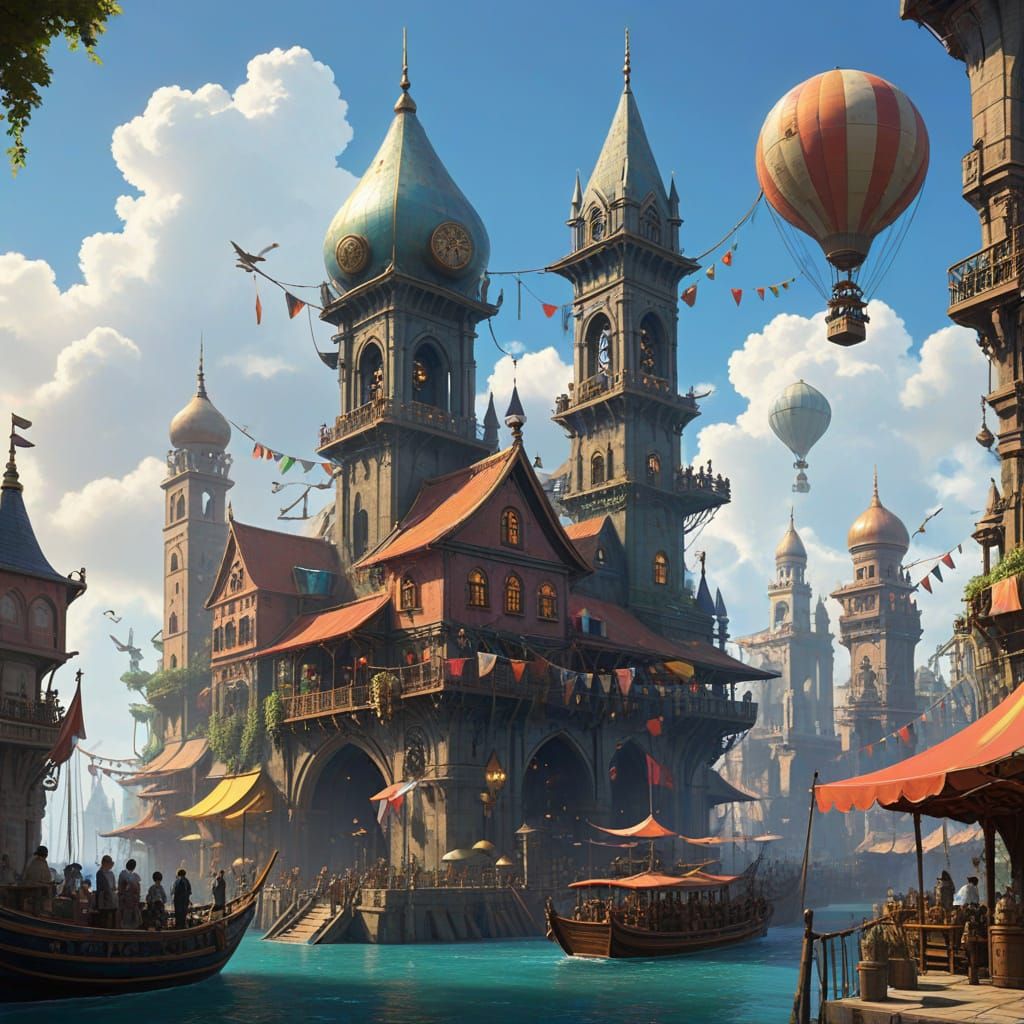 Envision a bustling marketplace on a floating island, where ...