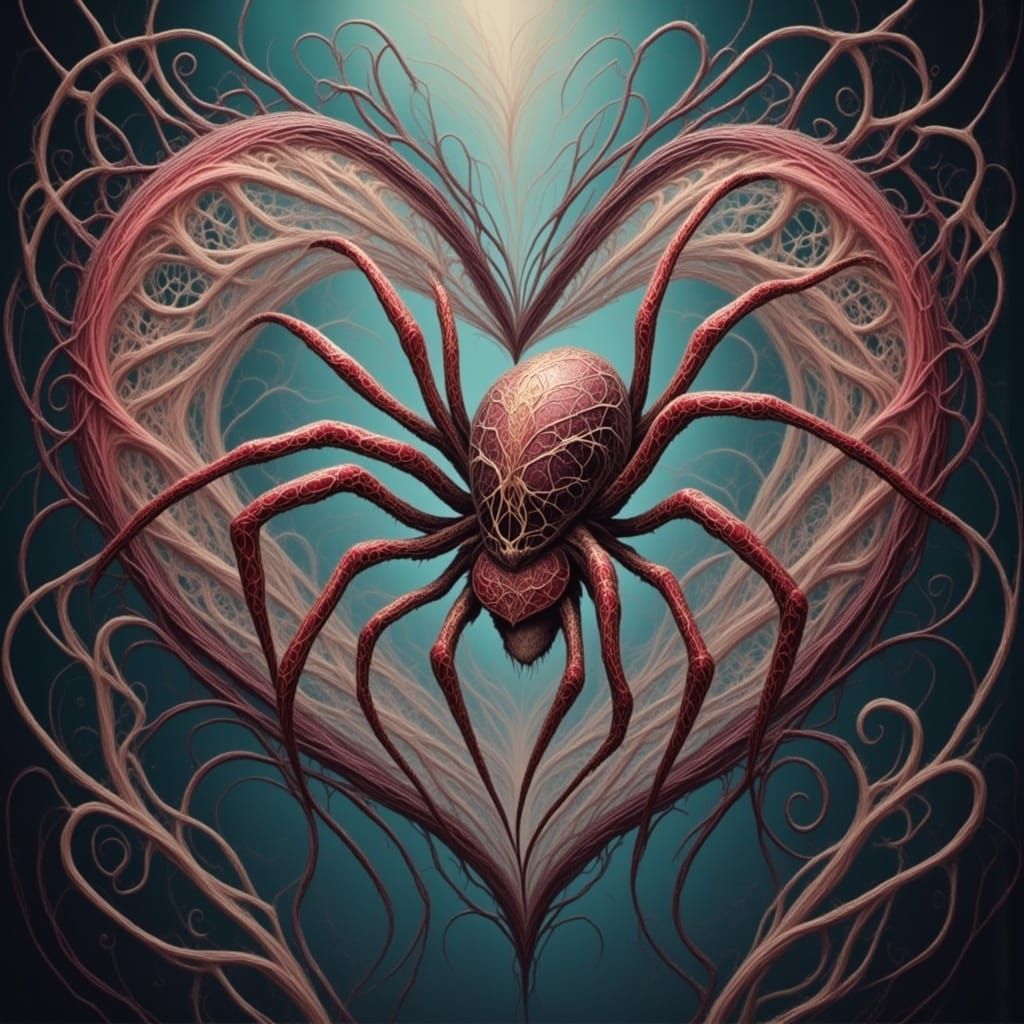 Whimsical Spider Weaves a Heart-Shaped Web in Dreamy Iridesc...