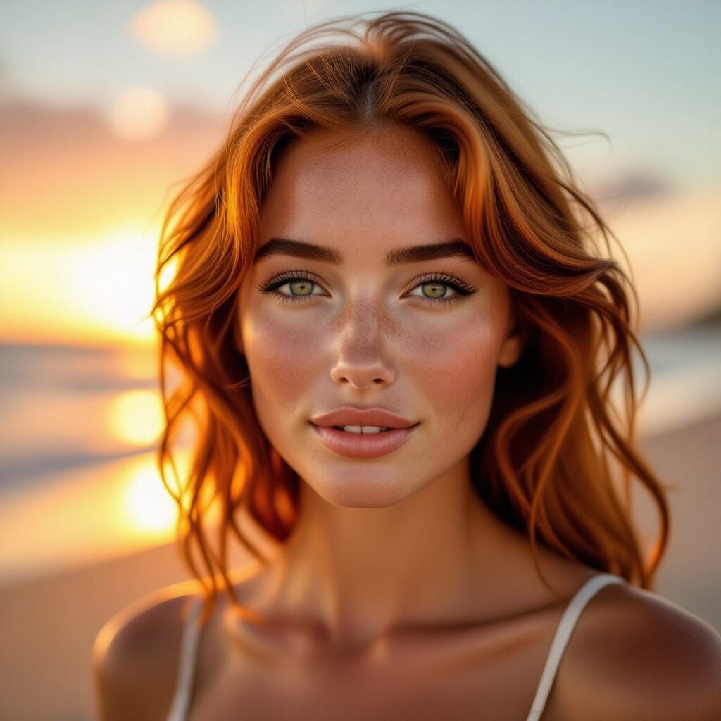 Redhead Beauty on Beach at Sunset in 8K