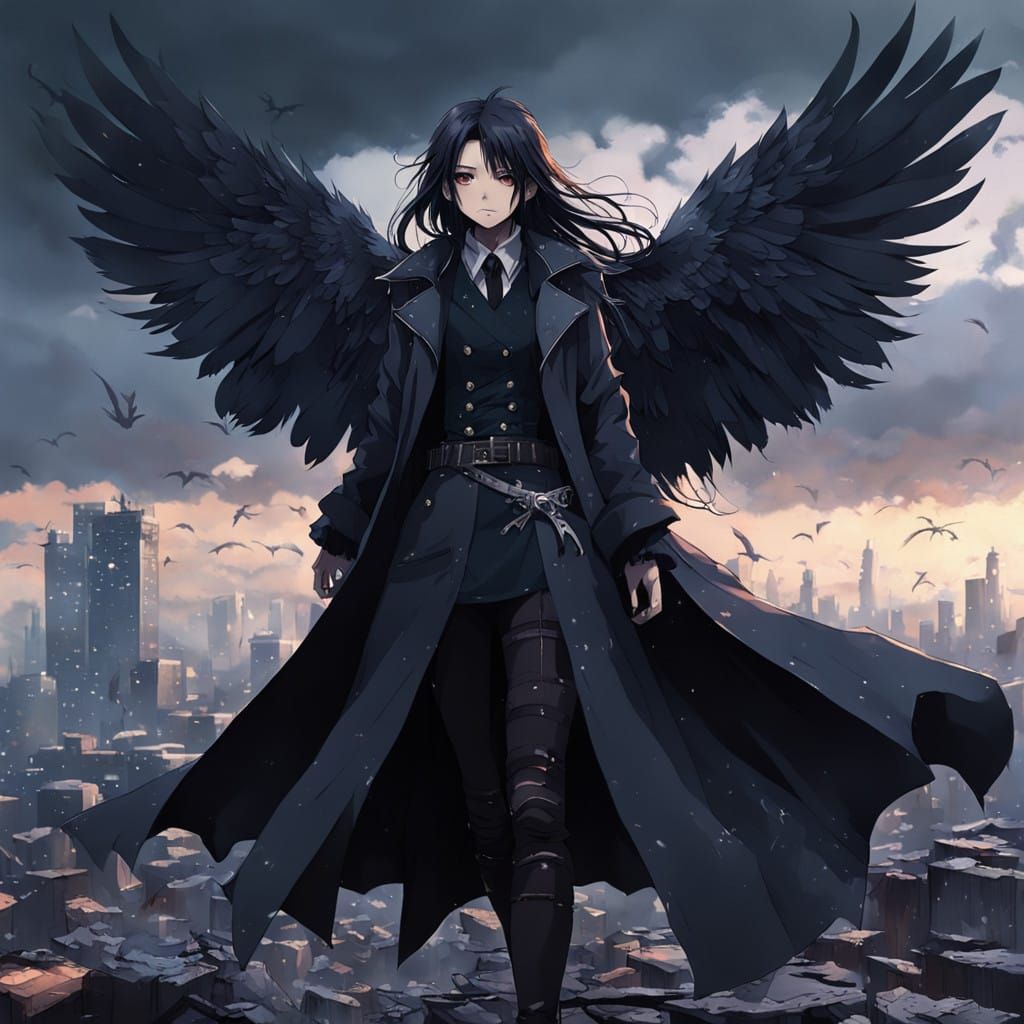 Dark Anime Angel Unleashes Fury on Ruined City