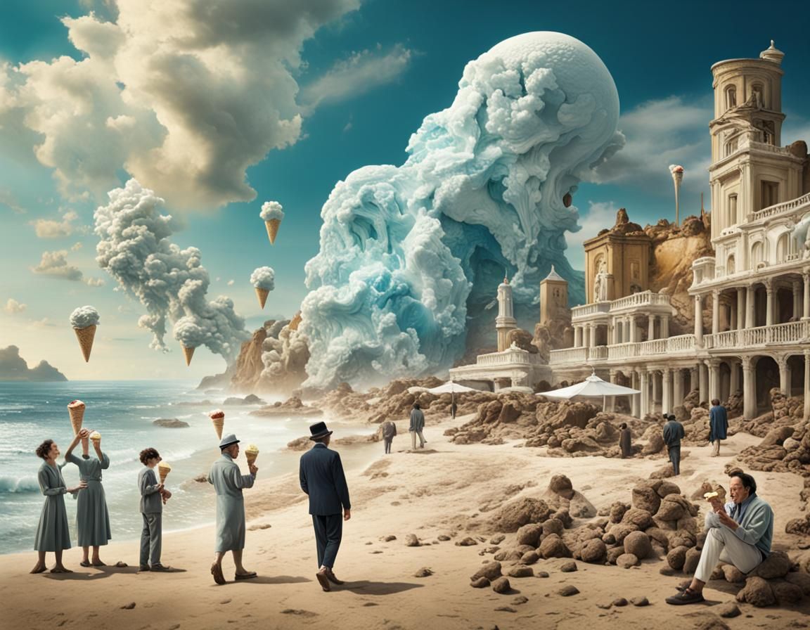 Surreal Beach Scene with Melting Ice Cream, Dali Style