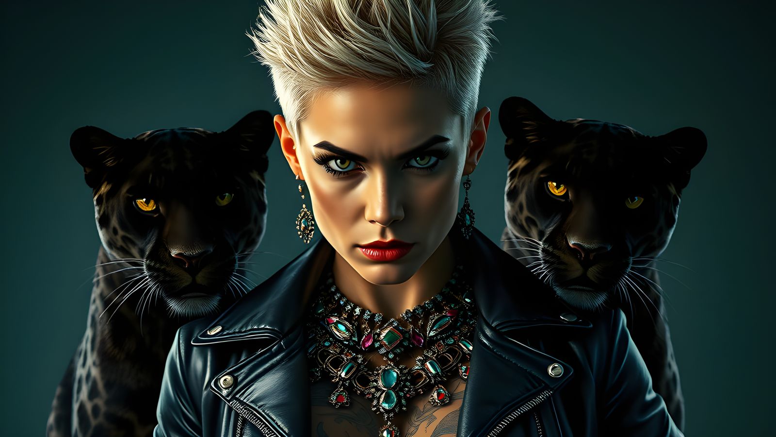 Hyperrealistic Gangster Woman with Panthers and Tattoos