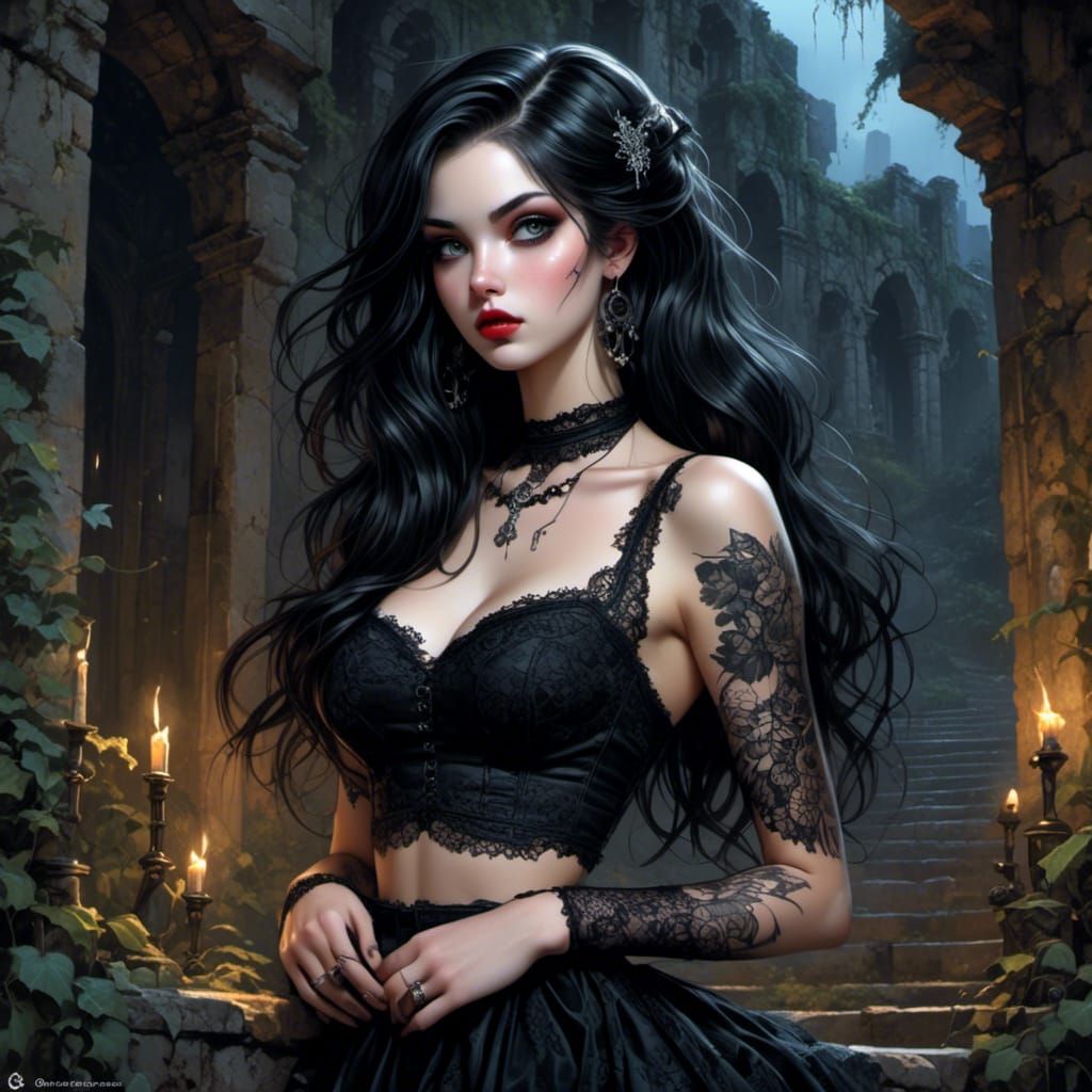 Gothic Anime Woman in Ancient Ruins