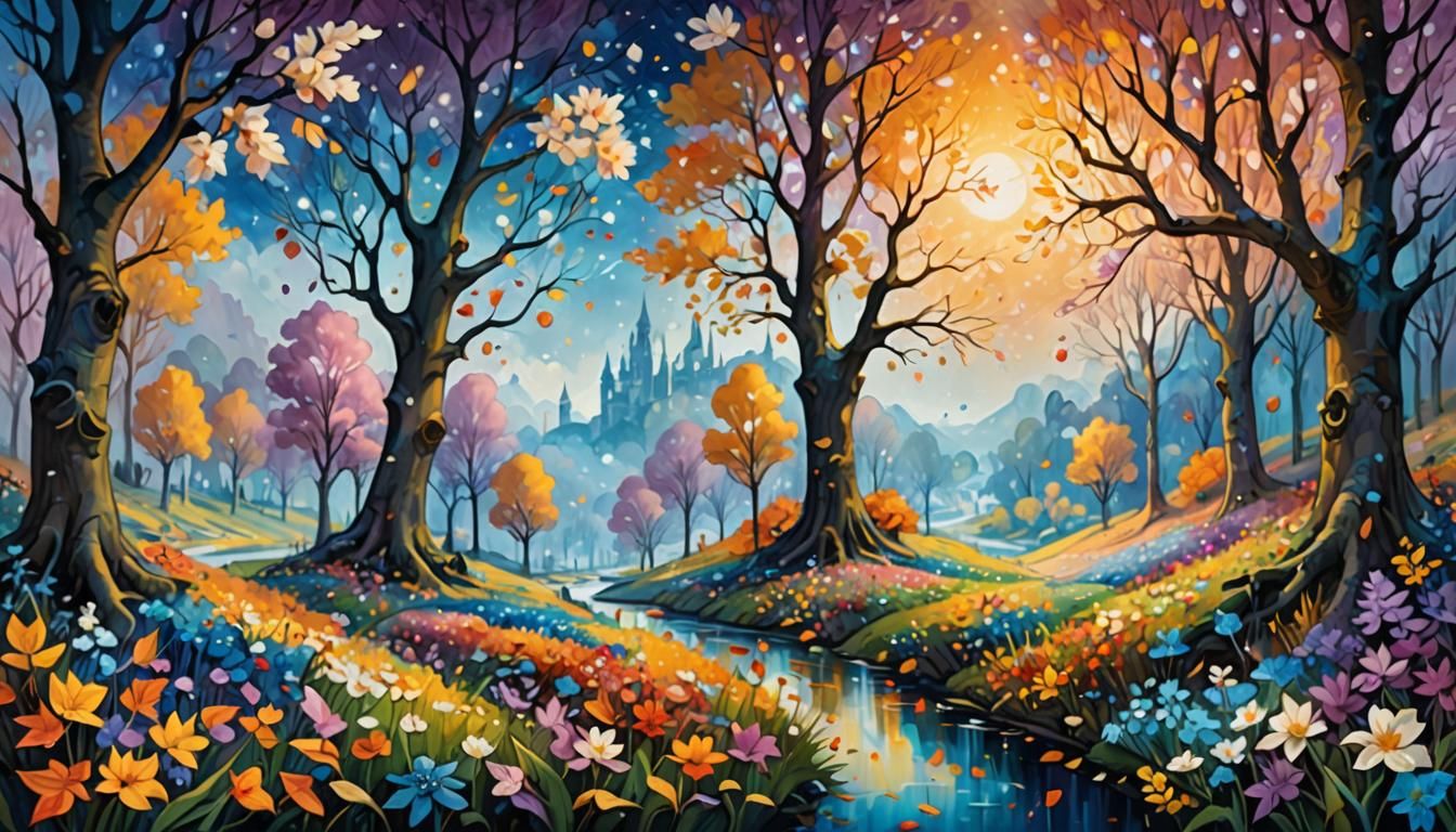 Four Seasons Fantasy in Oil Painting Style
