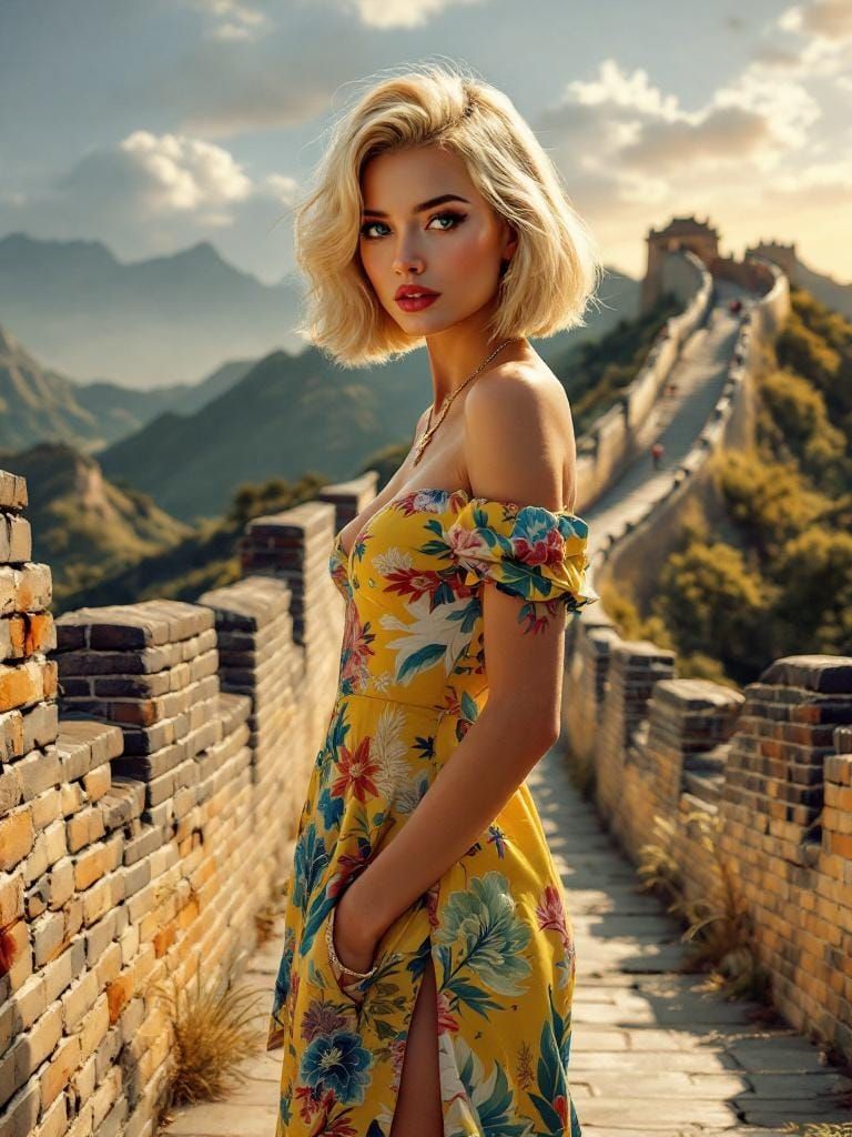 Blonde Woman Posing on Great Wall in Baroque Style