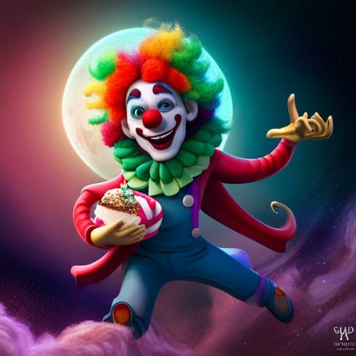 Clown Riding Dragon in Space: 3D Digital Art