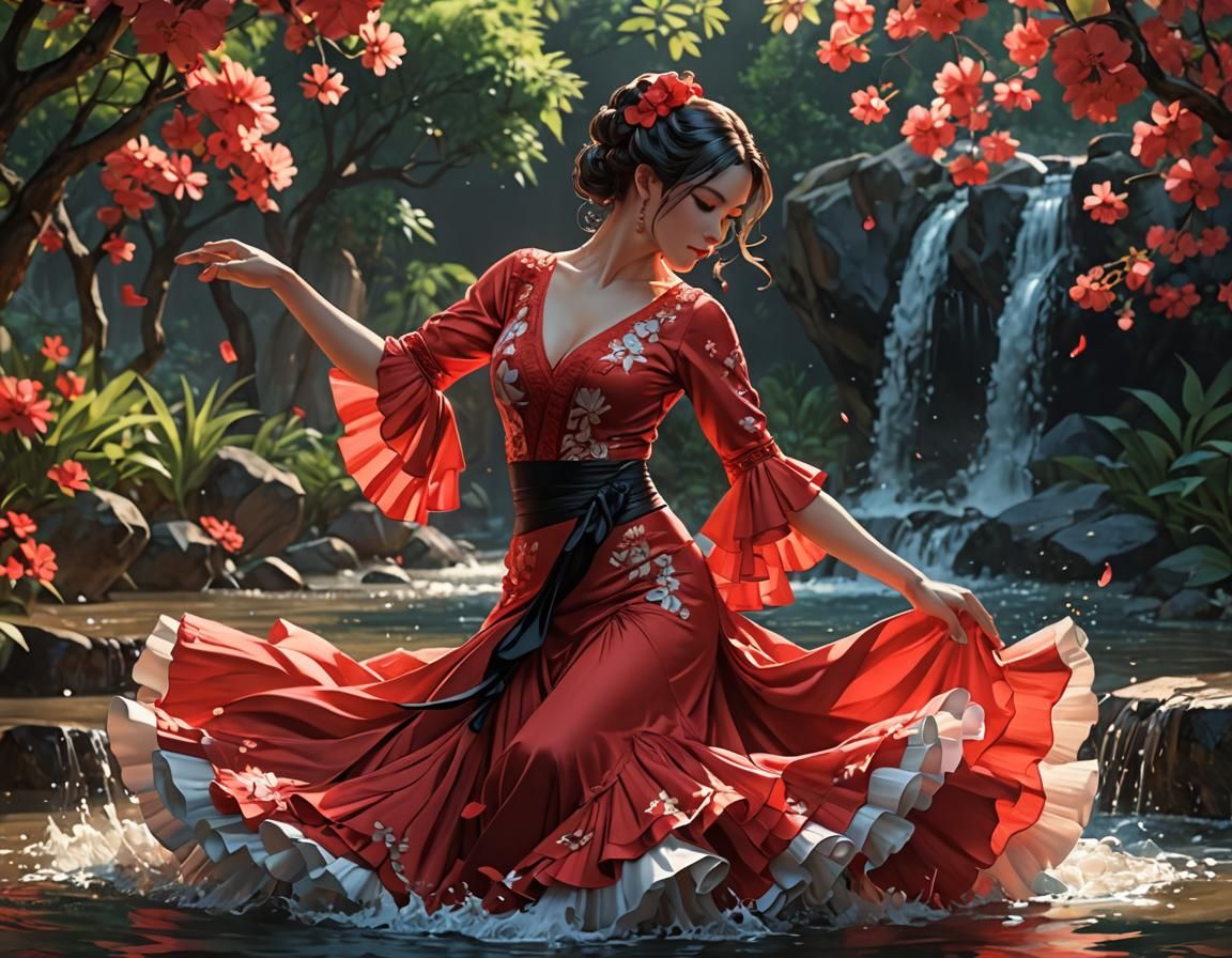 Flowing Water Flamenco: Detailed 3D Anime Art