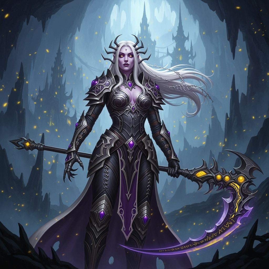 Drow Matriarch With Mystical Scythe in Dark Fantasy Landscap...