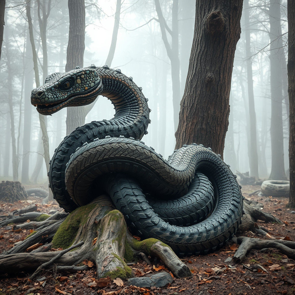 Tyre Serpent in Misty Forest: Industrial Surrealism