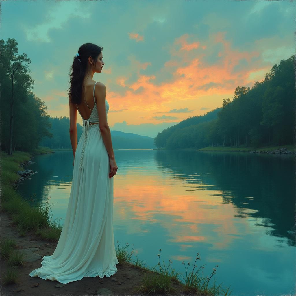 Woman Contemplates Sunset River in Polychromatic Street Art