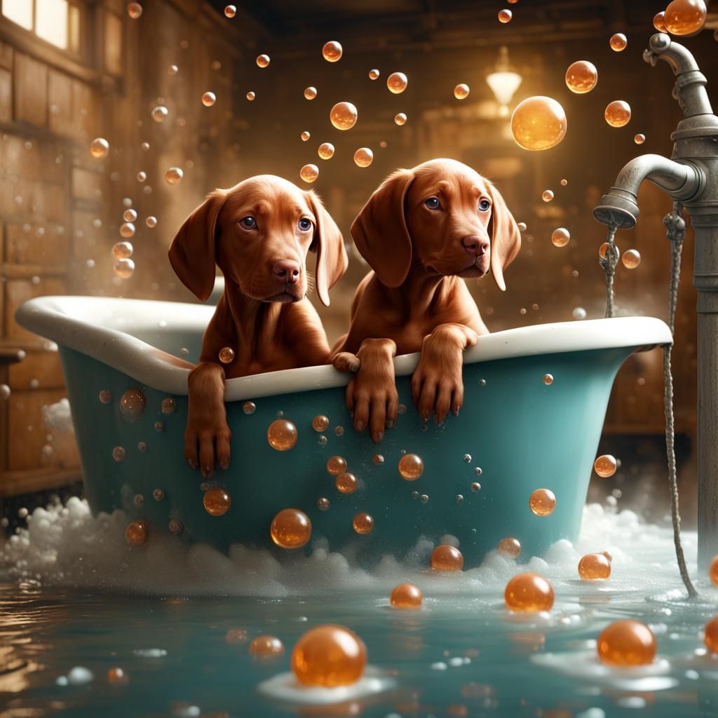 Playful Vizsla Puppies' Bath: Detailed Matte Painting