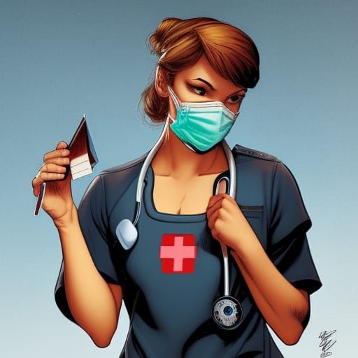 Cute Nurse in Surgical Mask, Comic Book Art