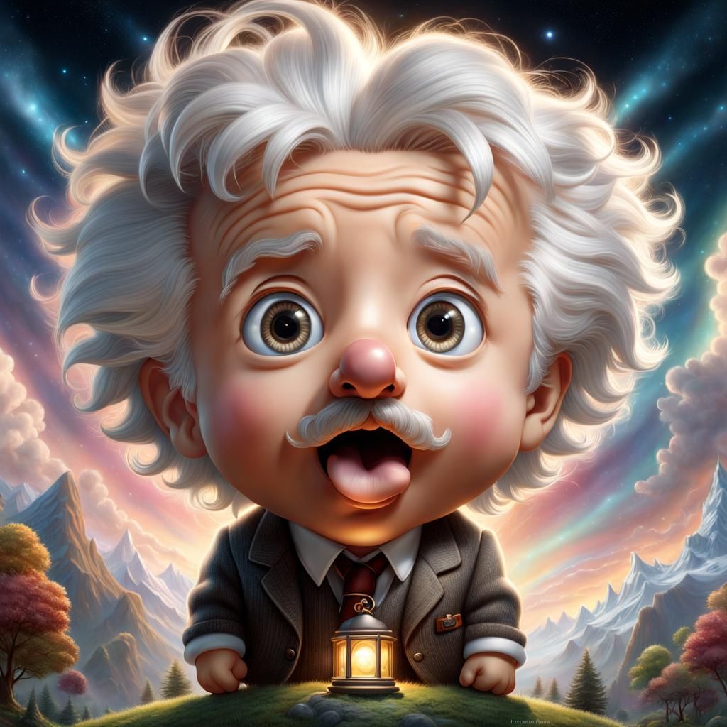 Chibi Einstein with Gigantic Head, Ethereal Illustration