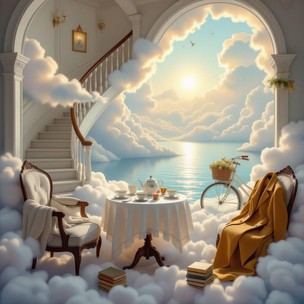 Magical Realist Scene with Floating Objects in Dreamscape