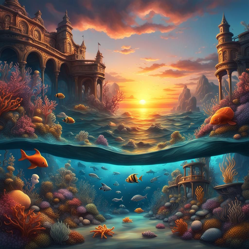 Underwater Sunset: A Fantastical Sea Creature Gathering