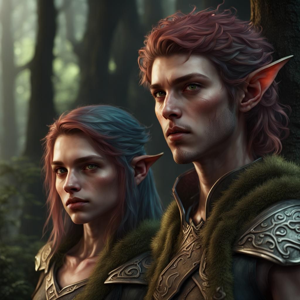 Half Elf Twins Portrait in Forest, D&D Concept Art