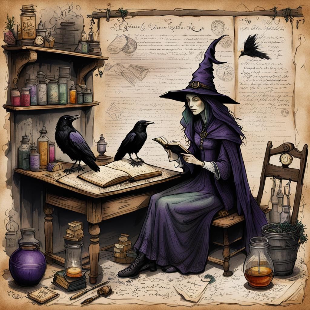 A witch sitting at her desk in her potstions room, reading h...