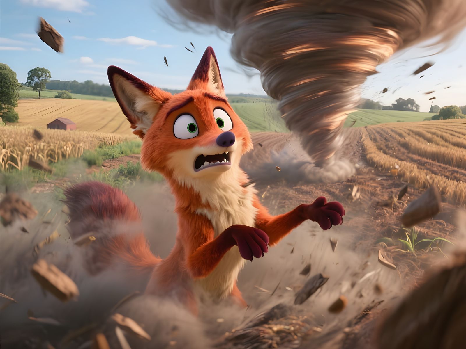 Scared Red Fox Caught in a Farmland Tornado