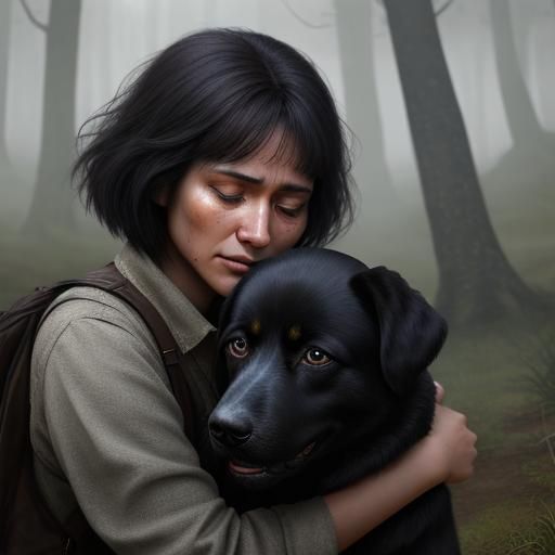 Emotional Woman Crying at Dog, Matte Painting
