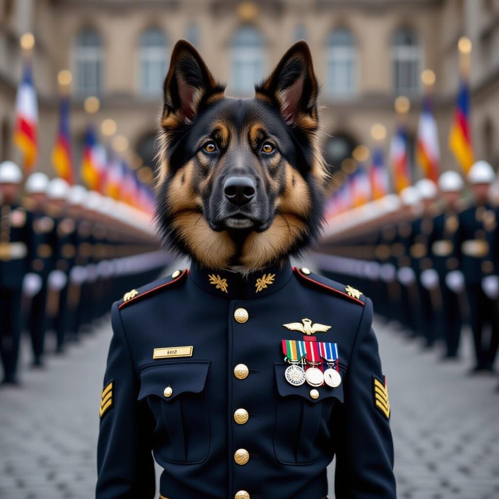 German Shepherd in Military Uniform as Oil Painting