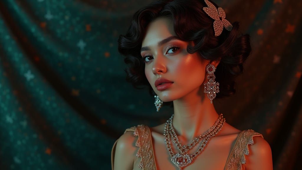 Luxury Jewelry Portrait in Dark Velvet Textures and Geometri...