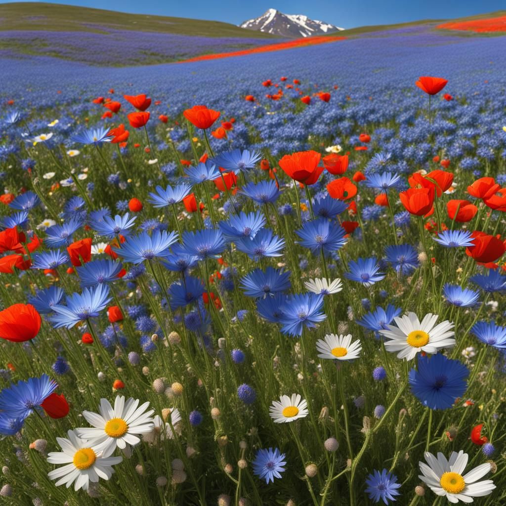 Hyperrealistic Alpine Flower Field in Spring