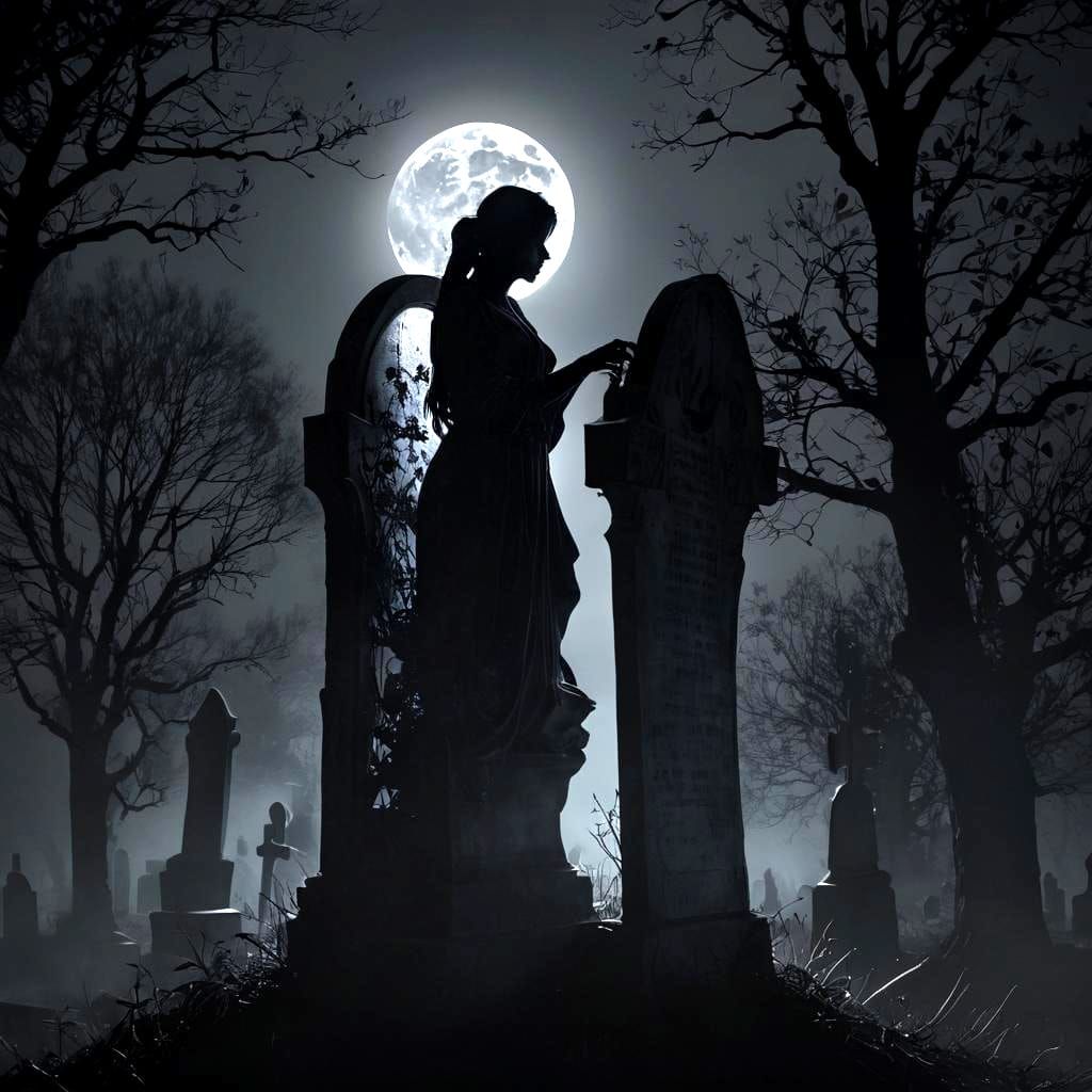 Double Exposure Silhouette on Gravestone, Rackham Style