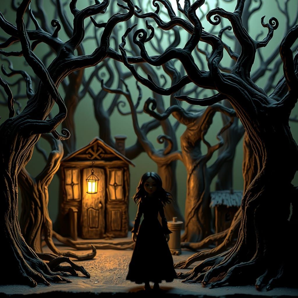 Lone Woman at Edge of Whimsical Dark Forest in Tim Burton St...