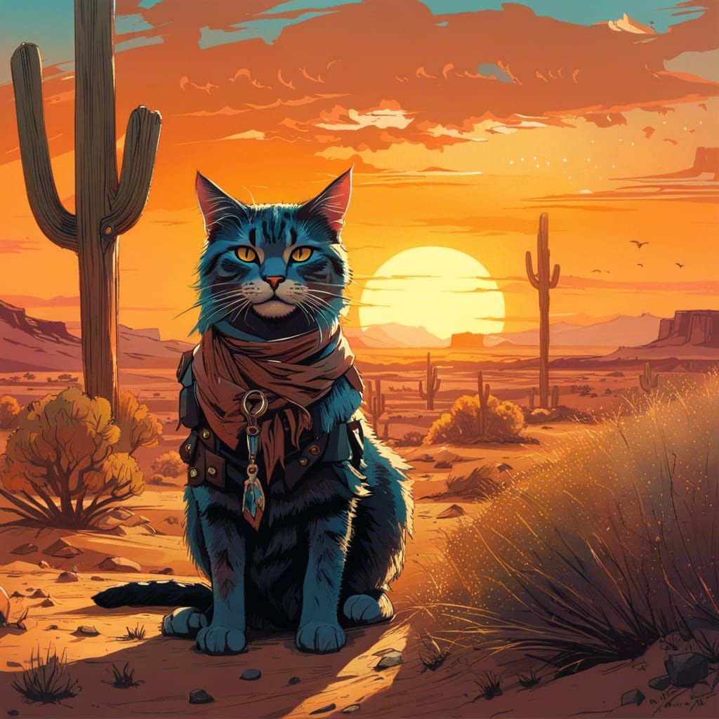 Cat Cowboy Sunset: Detailed Digital Illustration
