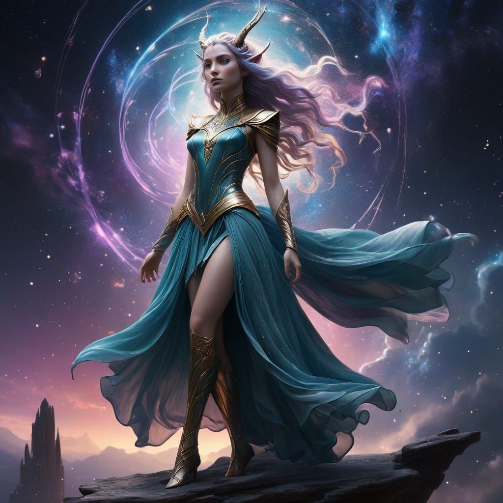 Elf Woman and Unicorn in Cosmic Nebula - Art Deco Style