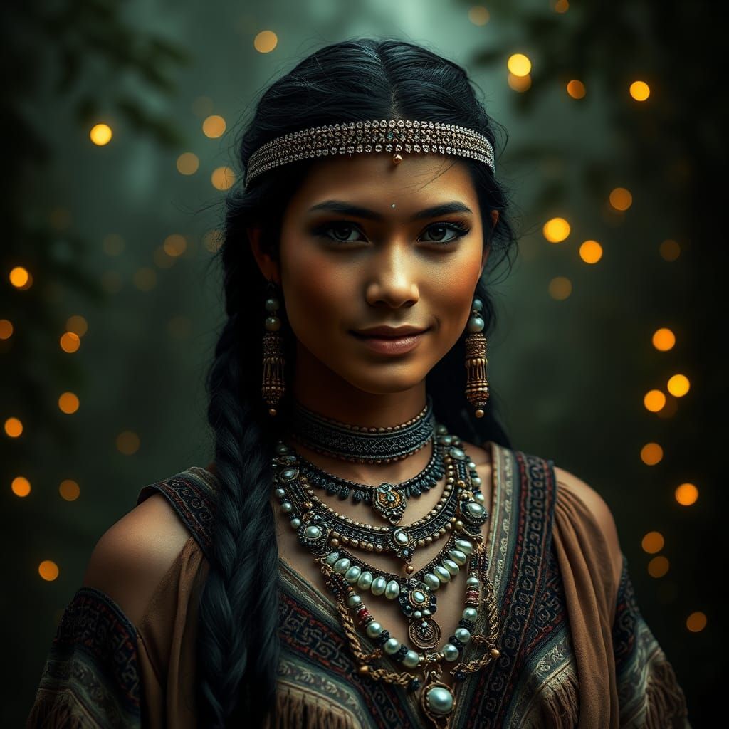 Pocahontas in Misty Forest with Fairy Lights