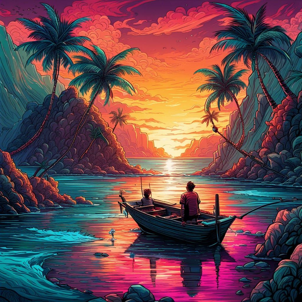 Cozy Hawaiian Fishing Scene in Comic Book Style
